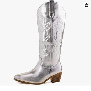 Silver Metallic Cowboy Chunky Heeled Western Embroidery Cowgirl Boots Size 7